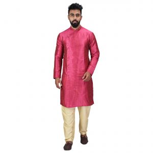 Kurta Sets (Men's) - Angrakha Cotton Silk Regular Fit Self Design Kurta Pajama Set ( Code - Bckuset019)