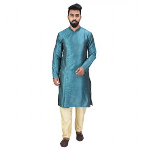 Kurta Sets (Men's) - Angrakha Cotton Silk Regular Fit Self Design Kurta Pajama Set ( Code - Bckuset021)