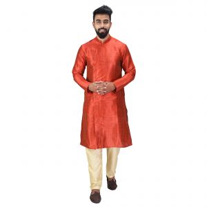 Kurta Sets (Men's) - Angrakha Cotton Silk Regular Fit Self Design Kurta Pajama Set ( Code - Bckuset026)