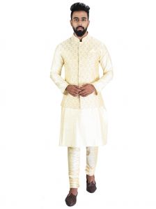 Kurta Sets (Men's) - Men Kurta, Ethnic Jacket and Pyjama Set Cotton Silk ( Code - Ethset021)