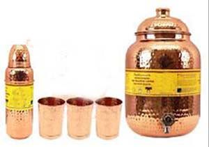 Thermos & water bottles - Copper Hammered Set Of 1 Water Pot 8.0 Ltr. With 3 Bottle 800 Ml Each & 3 Glass 300 Ml Each - Tableware