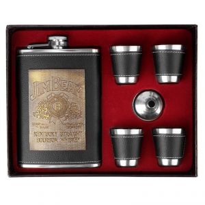 Bar Essentials - Shrih Stitched Leather Stainless Steel Hip Flask Set