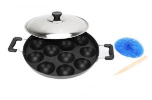 Nonstick cookware - Bms Lifestyle Non-stick Aluminium Black 12 Cavity Appam Patra/pan With Handle And Lid