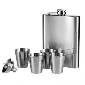 Bar Essentials - Stainless Steel Drinks Hip Wine Flask Gift Set Box 7 Oz (207 Ml) Hip Flask With 4 Shot Glasses And 1 Funnel