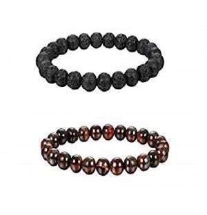 Buy Pair Of Red Tiger Eye Crystal & Lava Volcanic Beads Stretch Bracelets - ( Code - Lavaredtgrbr ) online