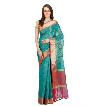 Buy Banarasi Silk Works Party Wear Designer Saffire Colour Saree For Women's online