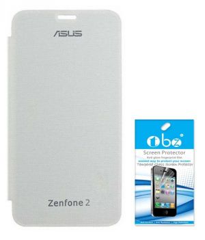Tbz Flip Cover Case For Asus Zenfone 2 With Tempered Screen Guard -White
