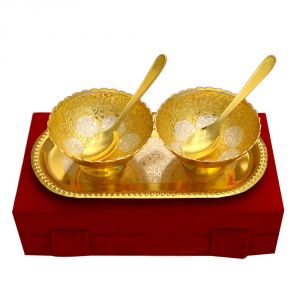 Buy Vivan Creation Lotus Shape German Silver 2 Bowl and One tray With 2 Spoon Set online