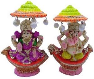 Buy Terracotta Clay Ganesh Laxmi Idol In Multi Colour online