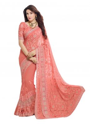Buy Peach Embroidered Chiffon Saree With Blouse (kms207-9004) online