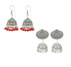 Buy Frabjous Beautiful Red Pearl Oxidized Silver Designer Wedding Jhumki Earrings Combo For Womens online