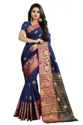 Buy Mahadev Enterprises Navy_Blue Cotton Silk Weaving Saree With Running Blouse Pics online