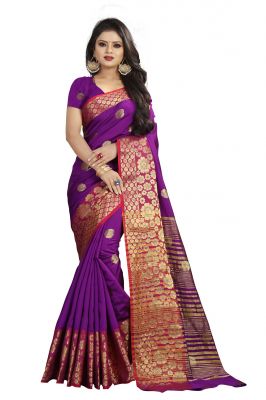 Buy Mahadev Enterprises Purple Cotton Silk Weaving Saree With Running Blouse Pics online