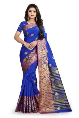 Buy Mahadev Enterprises Royal Blue Cotton Silk Weaving Saree With Running Blouse Pics online