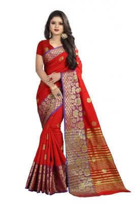 Buy Mahadev Enterprises Red Cotton Silk Weaving Saree With Running Blouse Pics online