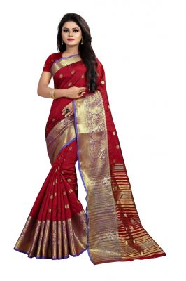 Buy Mahadev Enterprises Maroon Cotton Silk Jequard Border Weaving Saree With Running Blouse Pics online