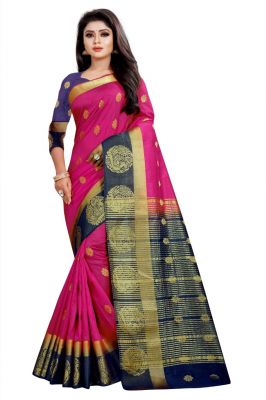 Buy Mahadev Enterprises Pink And Blue Kanjiwaram Silk Saree With Running Blouse Pics online