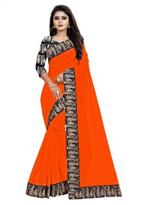 Buy Mahadev Enterprises Dark Orange Chanderi Cotton Saree With Running Blouse Pics online