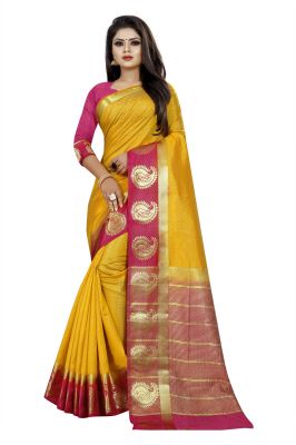 Buy Mahadev Enterprise Yellow And Pink Kanjiwaram Silk Saree With Running Blouse Pics online