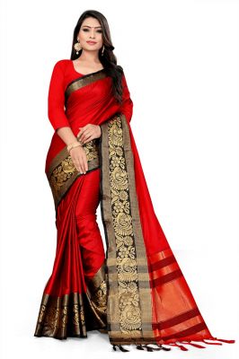 Buy Mahadev Enterprise Red And Black Soft Cotton Silk Saree With Running Blouse Pics ( Code -bbc141a) online
