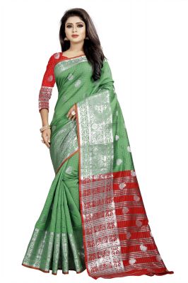 Buy Mahadev Enterprise Green And Red Cotton Silk Silver Jacquard Saree With Running Blouse Pic online