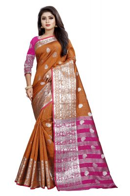 Buy ahadev Enterprise Chiku And Pink Cotton Silk Silver Jacquard Saree With Running Blouse Pic online