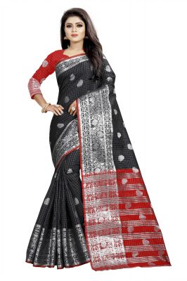 Buy Mahadev Enterprise Black And Red Cotton Silk Silver Jacquard Saree With Running Blouse Pic online