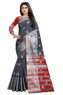 Buy Mahadev Enterprise Gray And Red Cotton Silk Silver Jacquard Saree With Running Blouse Pic online