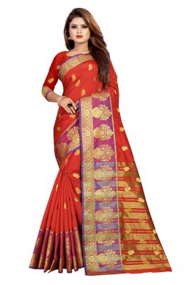 Buy Mahadev Enterprise Red Jacquard Cotton Silk Saree With Running Blouse Pics online