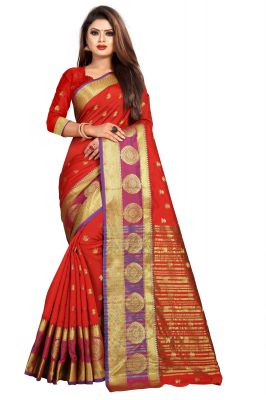 Buy Mahadev Enterprise Red Jacquard Cotton Silk Saree With Running Blouse Pics online