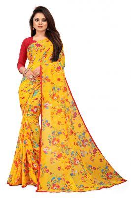 Buy Mahadev Enterprise Yellow Chiffon Printed Saree With Banglori Print Blouse Piecs( Code -bbc188c) online