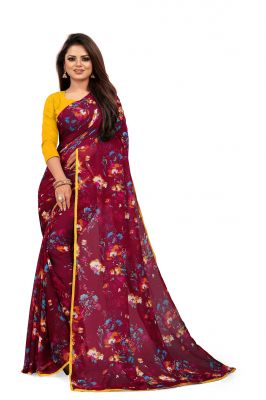 Buy Mahadev Enterprise Maroon Chiffon Printed Saree With Banglori Print Blouse Piecs( Code -bbc188f) online