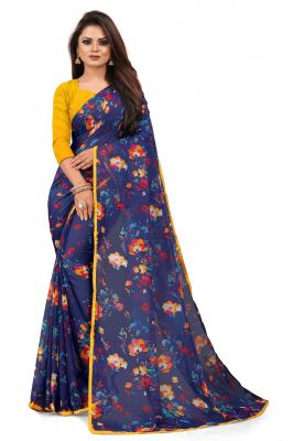 Buy Mahadev Enterprise Blue Chiffon Printed Saree With Banglori Print Blouse Piecs( Code -bbc188g) online
