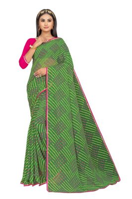 Buy Mahadev Enterprise Printed Georgette Lace Border Saree With Running Blouse Piece (dc262green)` online