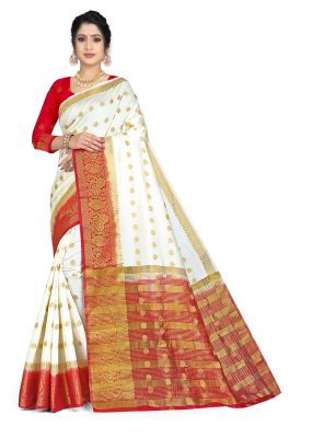 Buy Mahadev Enterprise Kanjeevaram Silk Saree With Running Blouse Piece(dc281white Red) online