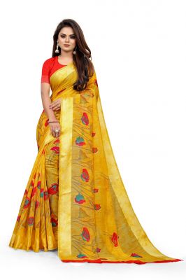 Buy Mahadev Enterprise Linen Satin Patta Yellow Saree With Running Blouse Piece - ( Code - Bbc187-gg ) online