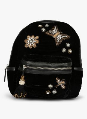 Buy Jl Collections Velvet Black Butterfly Patch Design Embroidery & Stone Fancy Backpack For Girls online