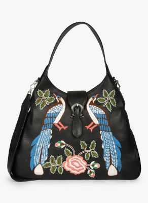 Buy JL Collections Women's Leather Peacock Embroidery Design Black Handbag online