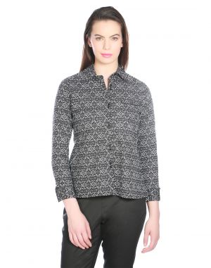 Buy Opus Black Cotton Formal Geometric Print Western Wear Women'S Shirt online