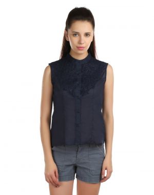 Buy Opus 100% Cotton Sleeveless Embroidered Blue Women'S Shirt online