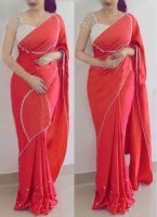 Buy Fab Dadu Designer Red And White Georgette And Net Saree (fv3088 Red) online