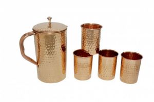 Buy Copper Hammered Set Of1 Jug 2100 Ml With 4 Glass 250 Ml Each - Storage Water Home Hotel online