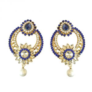 Buy Surat Diamond Round Shaped Floral Blue & White Coloured Stone, Shell Pearl & Gold Plated Chand Bali Earrings Pse22 online