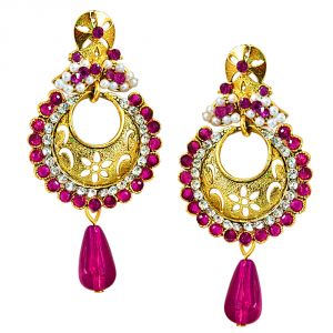 Buy Surat Diamond Traditional Pink & White Stones & Gold Plated Chandbali Earrings Pse61 online