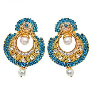 Buy Surat Diamond Traditional Round Shaped Blue & White Stone & Gold Plated Dangling Fashion Earrings For Women Pse9 online