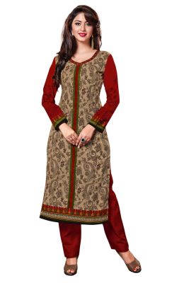 Salwar Studio Beige - Red Cotton Floral, Paisley Printed Unstitched Kurti Fabric - (Code - Komalkavya-1109)