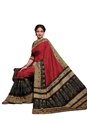 Salwar Studio Women Maroon-Black Tussar Silk Floral Printed Saree With Blouse Piece-(Code-SILKTUSSAR-14303)