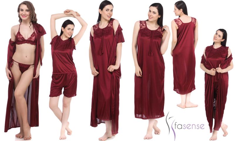 Buy Fasense Women 6 PCs Set Nightwear Set Nighty Robe Top Barmuda Sleepwear online