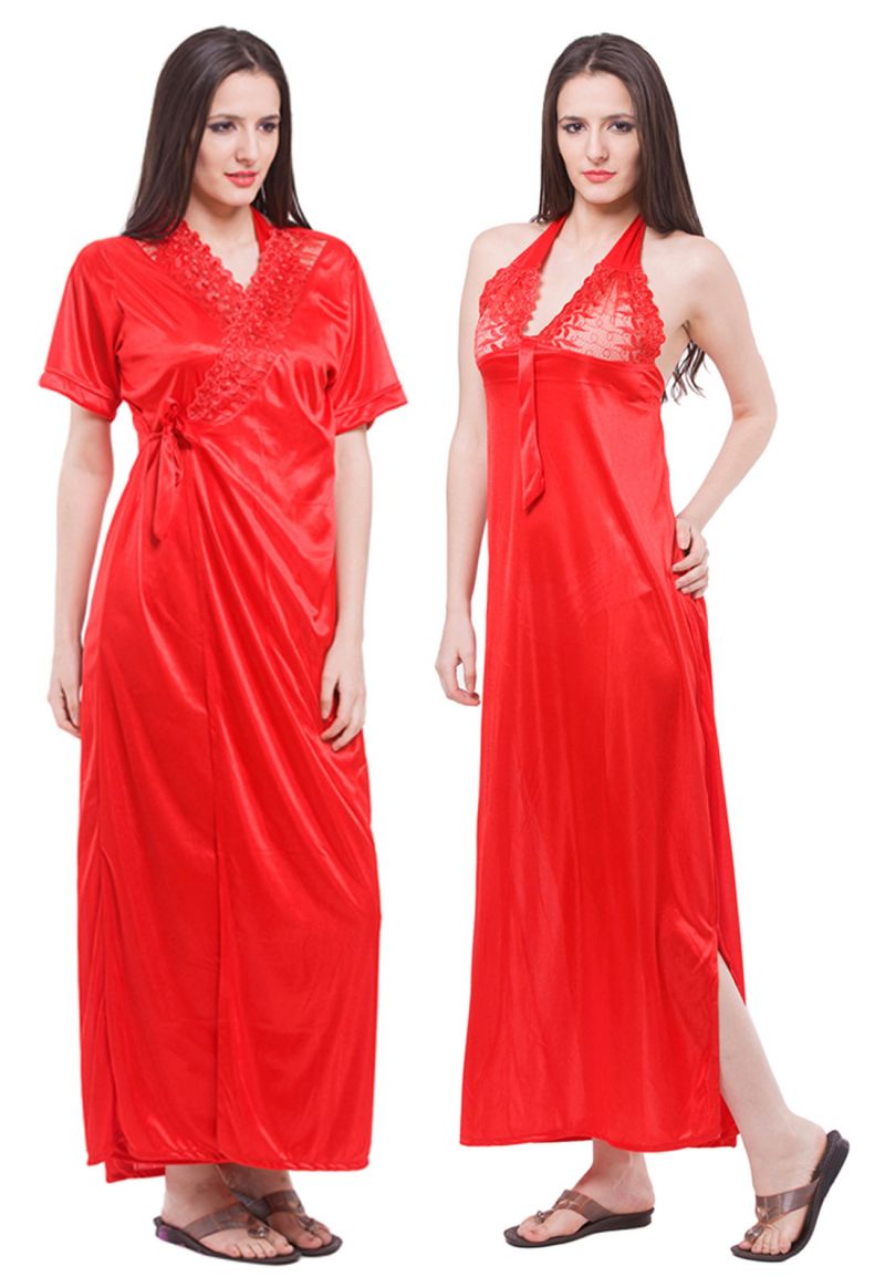 Buy Fasense Women Satin Nightwear Sleepwear 2 Pc Set Nighty & Wrap Gown online