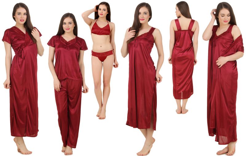 Buy Fasense Women's Satin 6 PCs Nighty, Wrapgown,top,pyjama,bra & Thong Gt001 D online